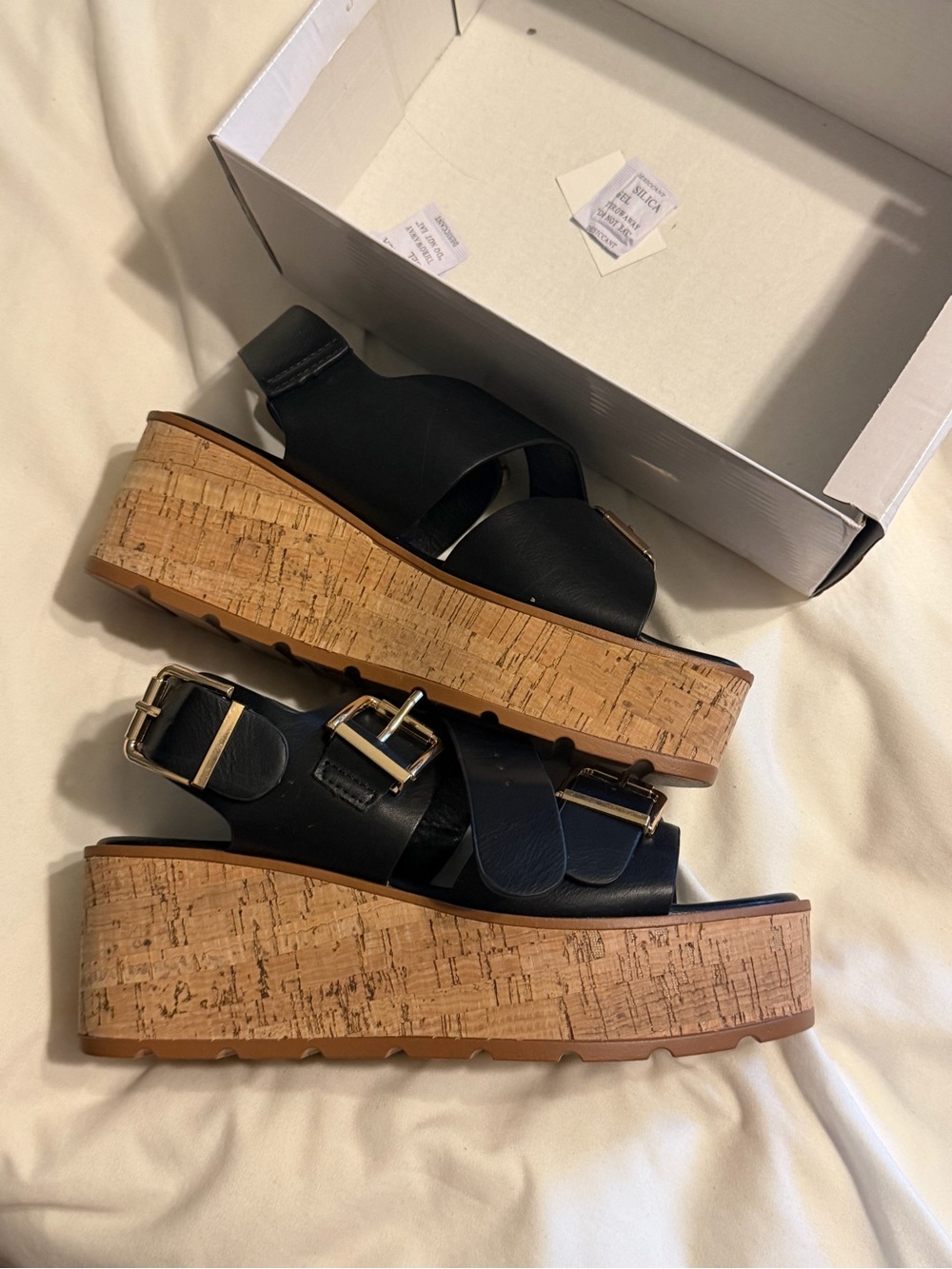 Fashion Nova Black Cork Platform Sandals with Buckle Straps